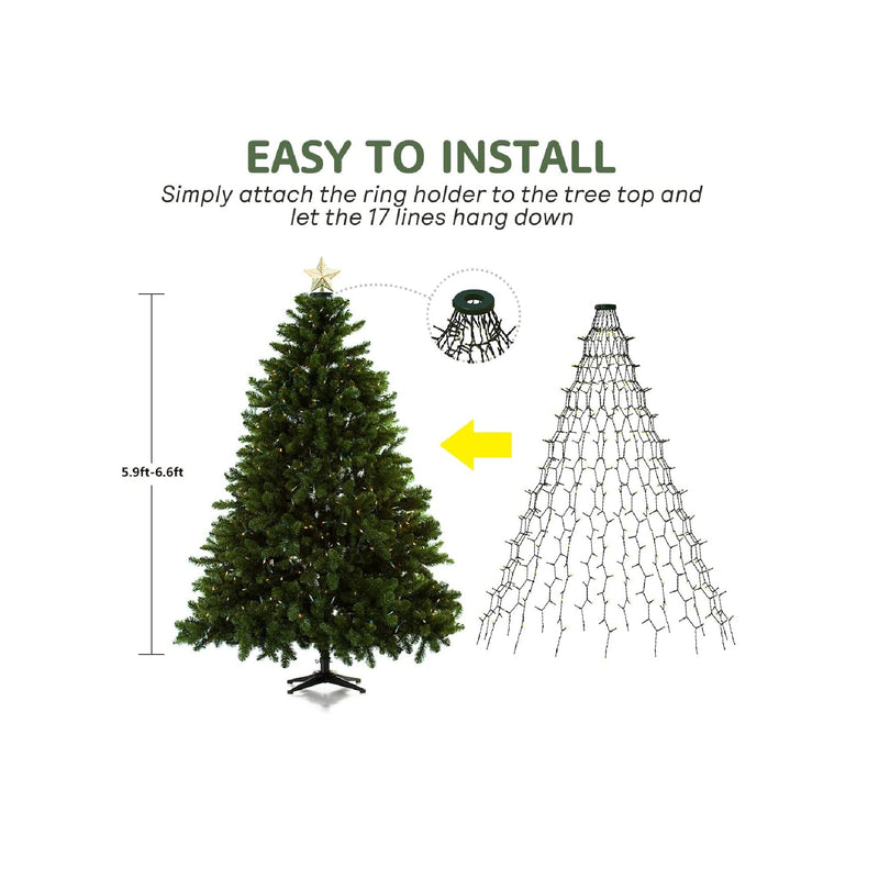 HIWUP Christmas Tree String Lights with Ring 400 LED | 6.56FT/2M x 16 Lines Easy to Install Christmas String