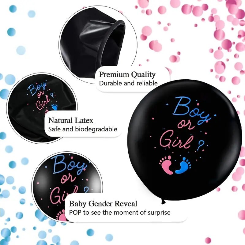 2pcs 36" Gender Reveal Confetti Balloons Black Boy Or Girl Balloon Come With Blue Pink Confetti For Baby Gender Reveal Party