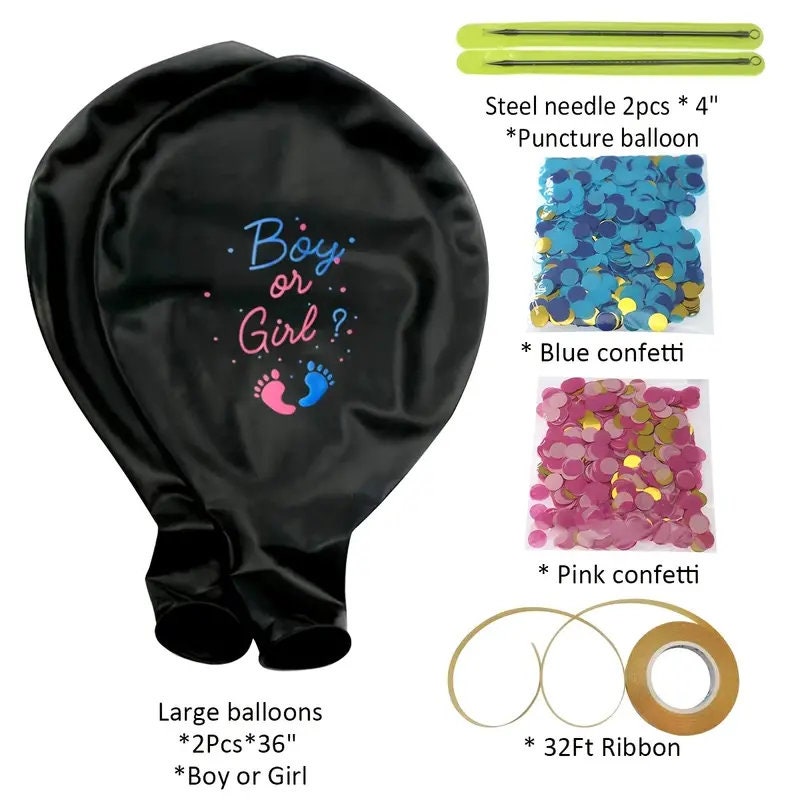 2pcs 36" Gender Reveal Confetti Balloons Black Boy Or Girl Balloon Come With Blue Pink Confetti For Baby Gender Reveal Party