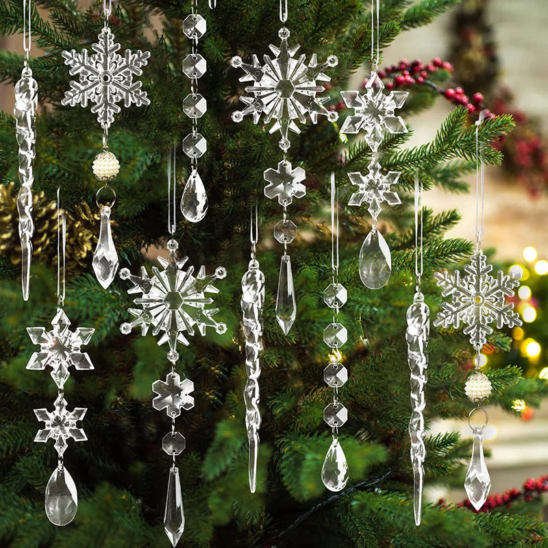 18pcs Crystal Christmas Ornaments for Christmas Tree Decorations | Hanging Acrylic Snowflake and Icicle Ornaments with Drop Pendants