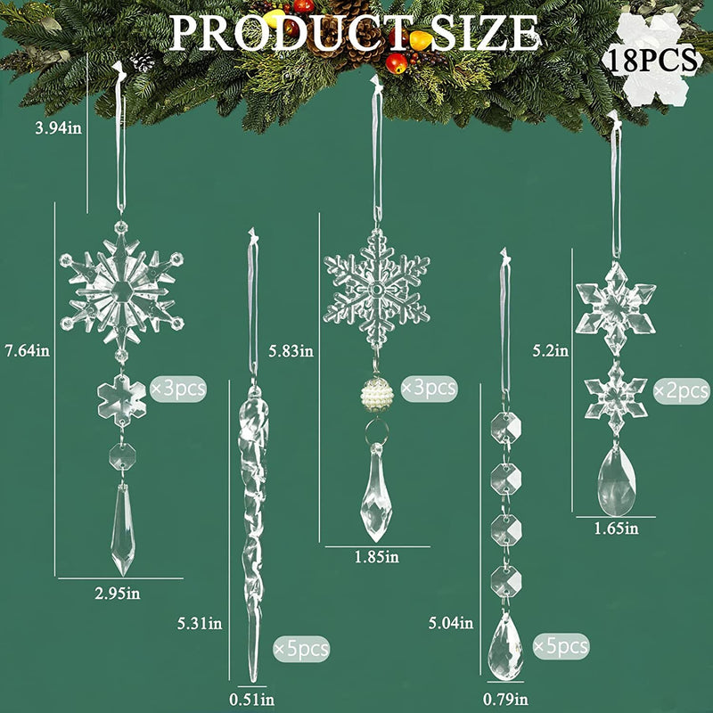 18pcs Crystal Christmas Ornaments for Christmas Tree Decorations | Hanging Acrylic Snowflake and Icicle Ornaments with Drop Pendants