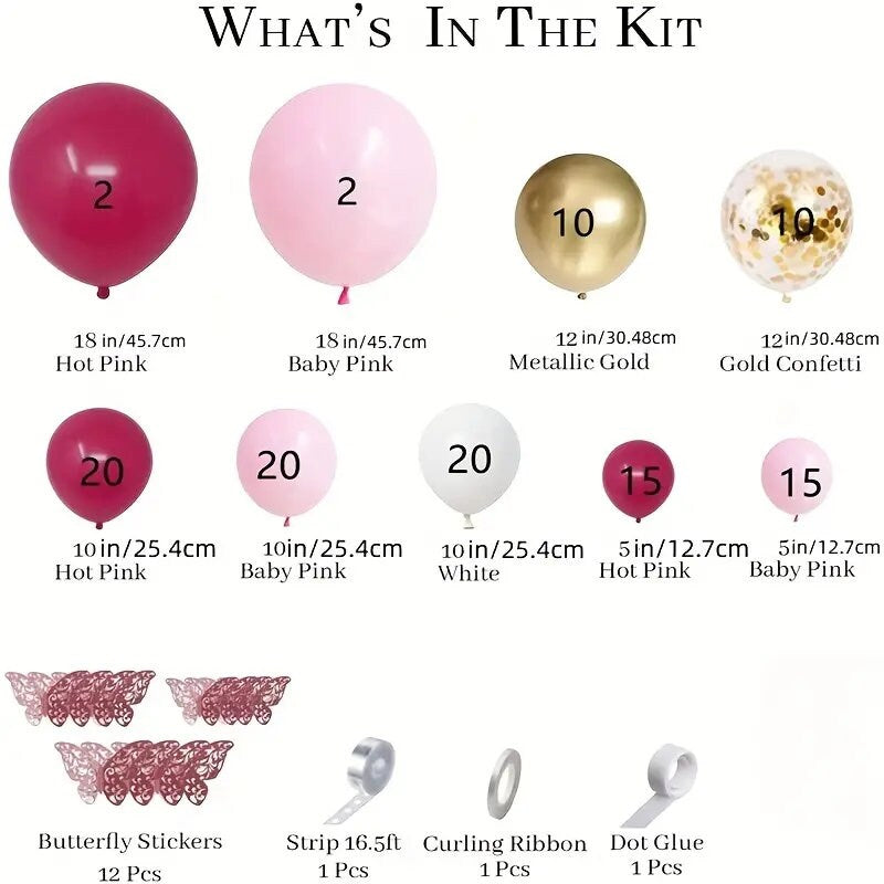 Rose Red Balloon Wreath Arch Kit Pink Gold Balloon Arch For Girls Baby Shower | 3D Butterfly Sticker Golden Confetti Latex Balloons Birthday