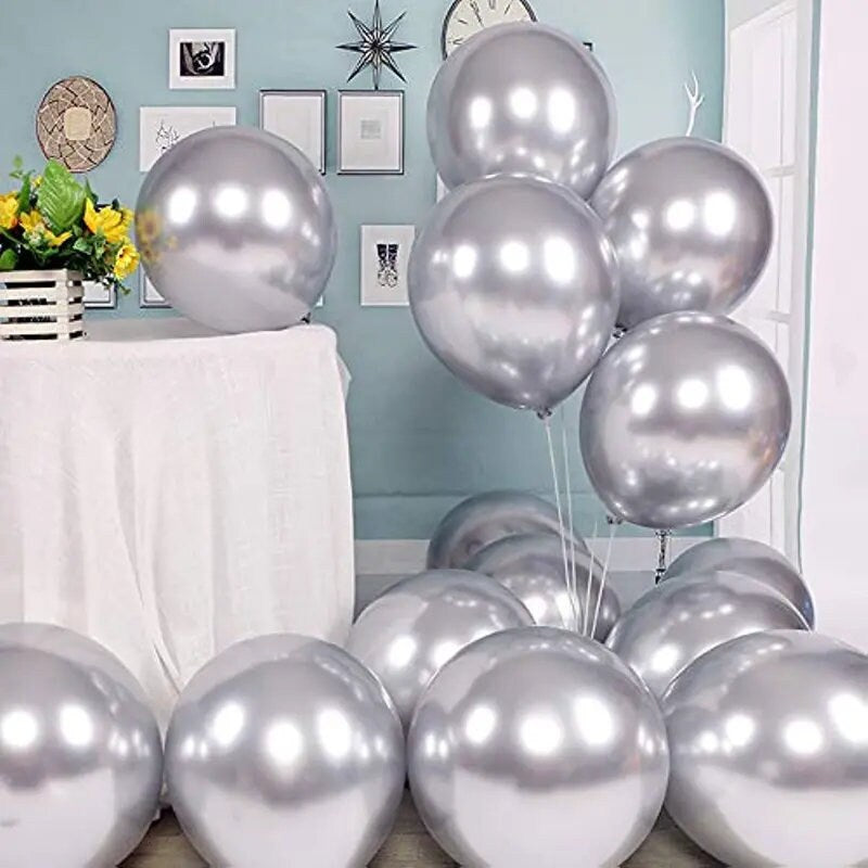 50pcs 12 Inch About 30.5cm Balloons For Party Silver Metallic Balloons Latex Birthday Balloons Helium Sparkly Balloons Thick Chrome Balloons