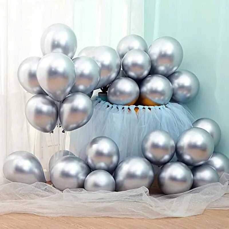 50pcs 12 Inch About 30.5cm Balloons For Party Silver Metallic Balloons Latex Birthday Balloons Helium Sparkly Balloons Thick Chrome Balloons