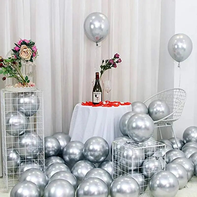 50pcs 12 Inch About 30.5cm Balloons For Party Silver Metallic Balloons Latex Birthday Balloons Helium Sparkly Balloons Thick Chrome Balloons