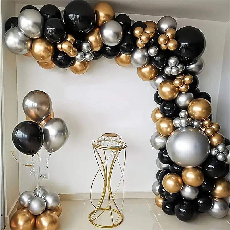 111PCS Black Golden And Silver Balloon Garland Arch Kit | Metal Black Metal Golden Chrome Silver Latex Balloon Set Suitable For Birthday