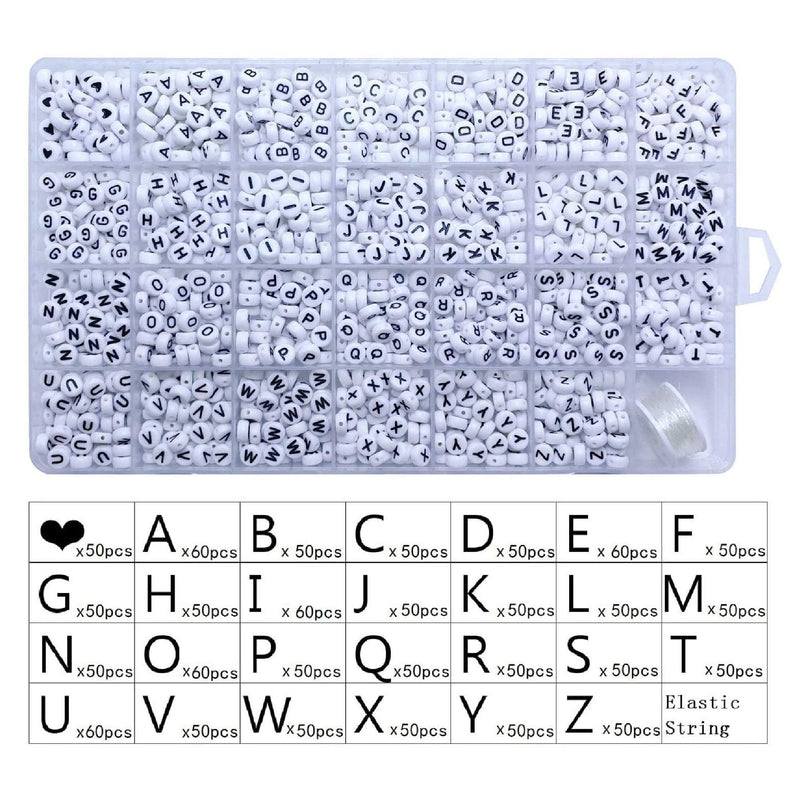 Amaney 1400 Pieces 4 x 7mm White Round Acrylic Alphabet Letter Beads A-Z