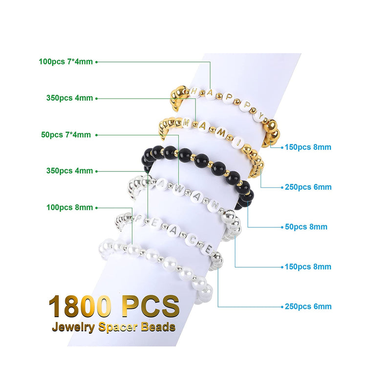 1800 Jewelry Beads Set | Gold Plated Round Spacer Beads | 3 Sizes of Soft Loose Ball Beads