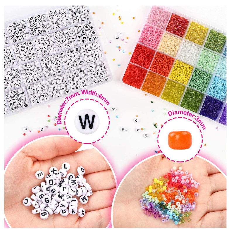 DICOBD Craft Beads Kit 10800 Pcs | 1200pcs 3mm Glass Seed Beads | Letter Beads for Friendship Bracelets