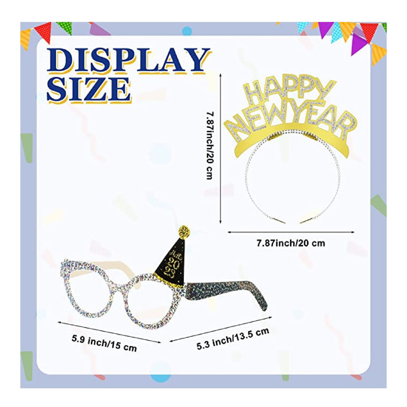 108 Pieces New Years Eve Party Supplies 2023 New Years 2023 Glasses 2023 Black Silver and Gold Party Headbands for Happy New Year