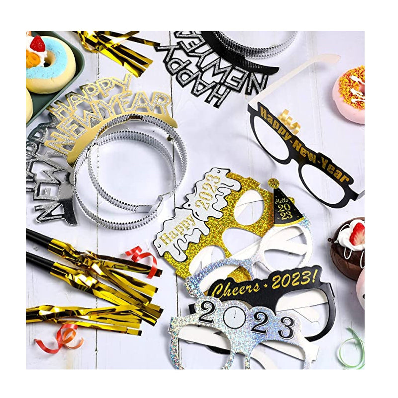 108 Pieces New Years Eve Party Supplies 2023 New Years 2023 Glasses 2023 Black Silver and Gold Party Headbands for Happy New Year