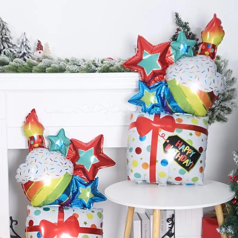 Set, Foil Balloon | Single Pack | Birthday Cake Gift Box Balloon | Party Decoration | Scene Decor, Room Decor | Birthday Party Supplies