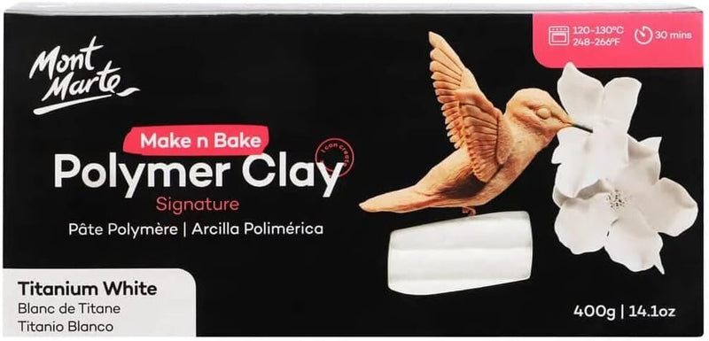 Mont Marte Make n Bake Polymer Clay Signature Titanium White 400g (14.1oz) Block, Bake in Oven, Soft and Smooth, Sculpting