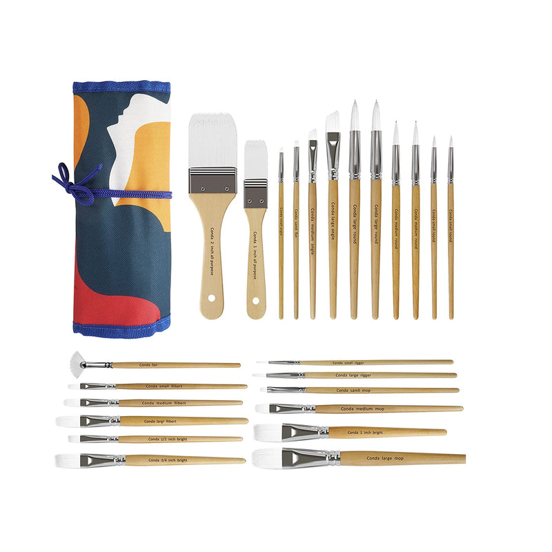 CONDA Paint Brushes Set of 24 Different Shapes Ergonomic Professional Wood Handles with Organizing Case