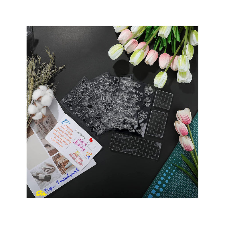 4 Sheets Sentiments Rubber Clear Stamps Set Clear Stamps For Card Making And 3 Pcs Acrylic Stamp Block Tools