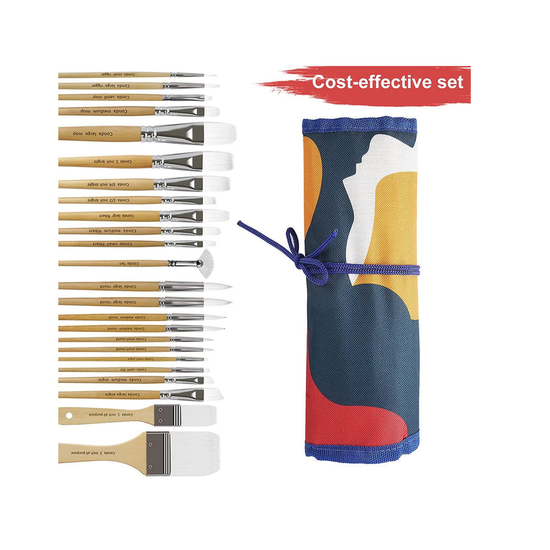 CONDA Paint Brushes Set of 24 Different Shapes Ergonomic Professional Wood Handles with Organizing Case