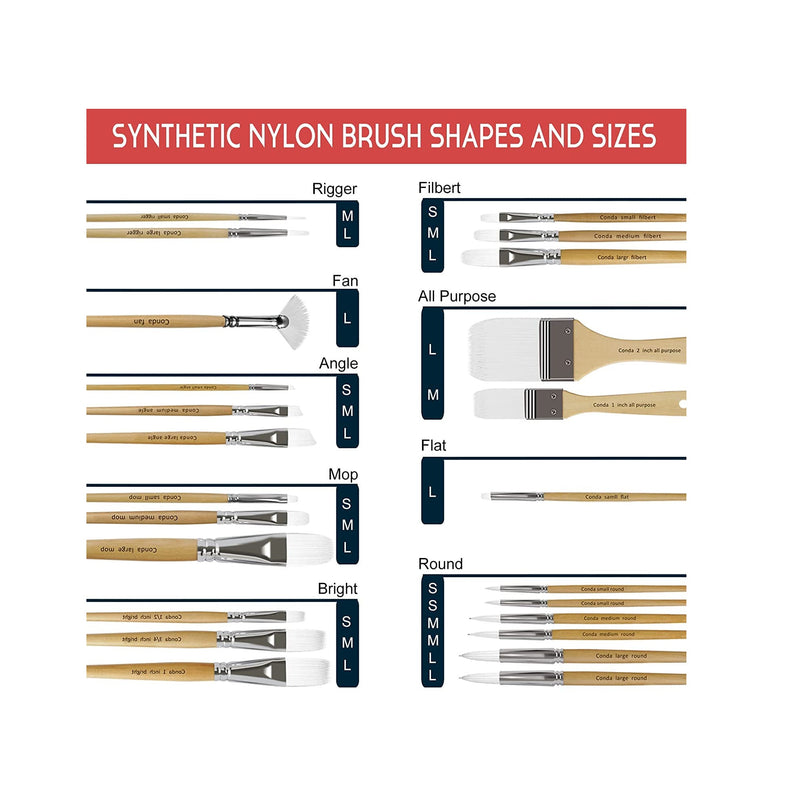 CONDA Paint Brushes Set of 24 Different Shapes Ergonomic Professional Wood Handles with Organizing Case