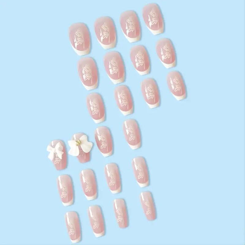 Simple French Style Fake Nails White Butterfly Temperament Press-On Nails Manicure With Jelly Gel