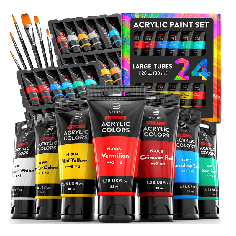 12mL 24 Color Stain Glass Paint Set with 6 Nylon Brushes, 1 Palette