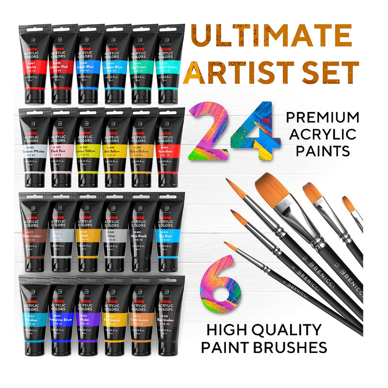 Premium Acrylic Paint Set - 24 Colors 59ml - Non-Toxic & Quick-Dry - 12  Brushes