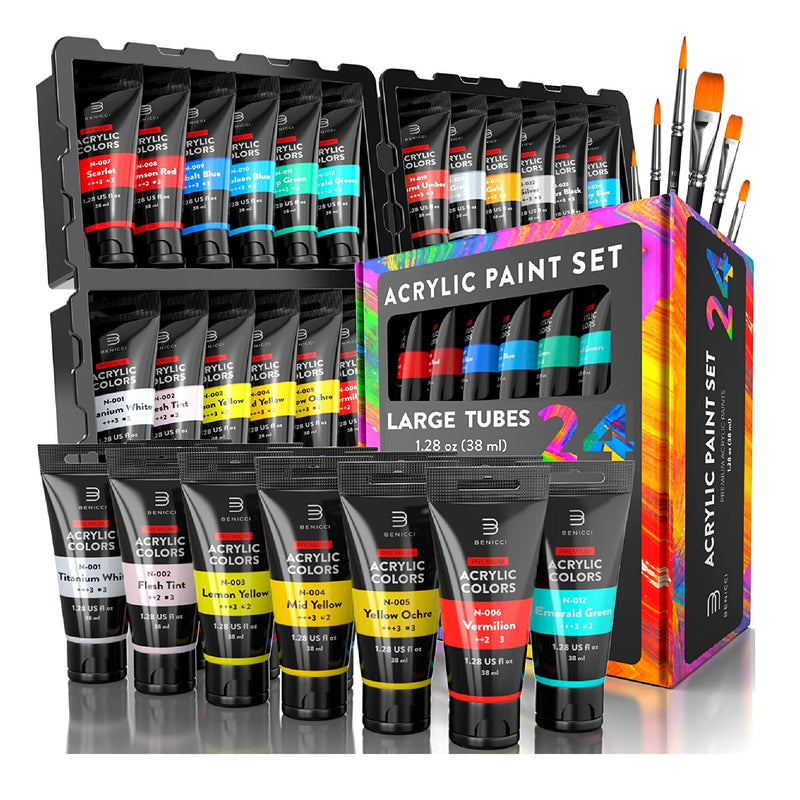 Fantastory Acrylic Paint Set 36 Colors(2oz /60ml) with 12 Brushes, Professional Craft Thick Paints Kits for Adults and Kids, Canvas Wood Fabric
