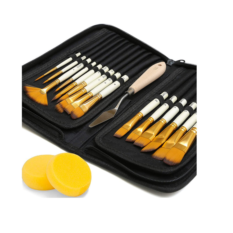 DUGATO Artist Paint Brush Set 15pcs Includes Pop-up Carrying Case with Painting Knife and 2 Sponges