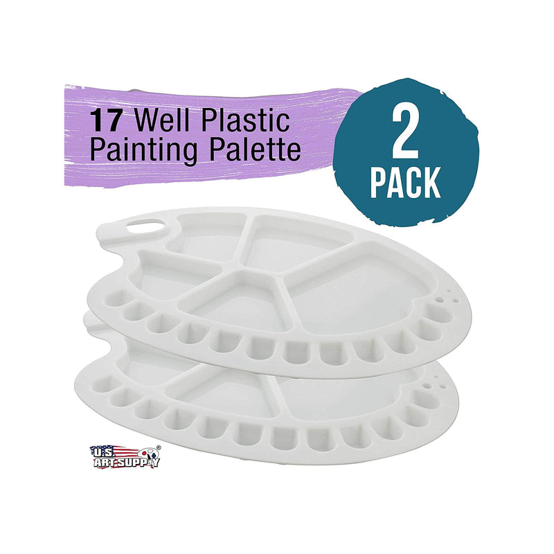 U.S. Art Supply 17-Well Artist Painting Palette | Pack of 2 | Plastic Artist Paint Color Mixing Trays