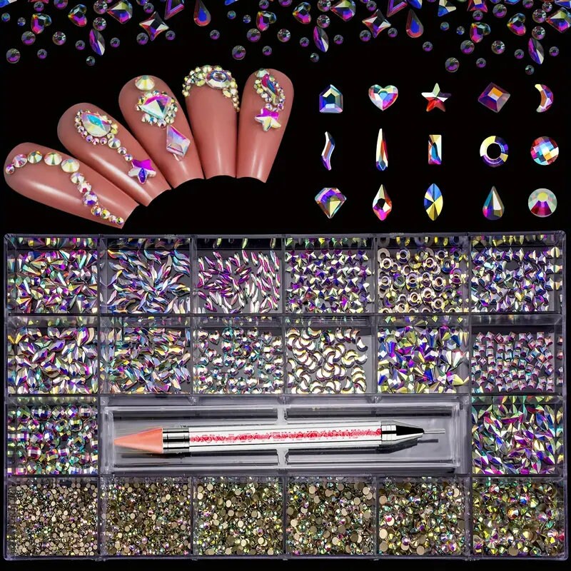 Nail Art Rhinestones Kit | 8400 Pcs Multi Shapes Glass Crystal AB Nail Stones | Nail Jewels Flatback Nail Gems Rhinestones | Packaged