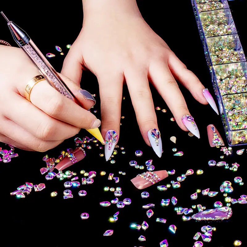 Nail Art Rhinestones Kit | 8400 Pcs Multi Shapes Glass Crystal AB Nail Stones | Nail Jewels Flatback Nail Gems Rhinestones | Packaged
