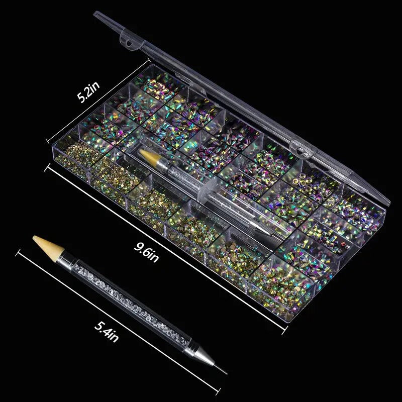 Nail Art Rhinestones Kit | 8400 Pcs Multi Shapes Glass Crystal AB Nail Stones | Nail Jewels Flatback Nail Gems Rhinestones | Packaged