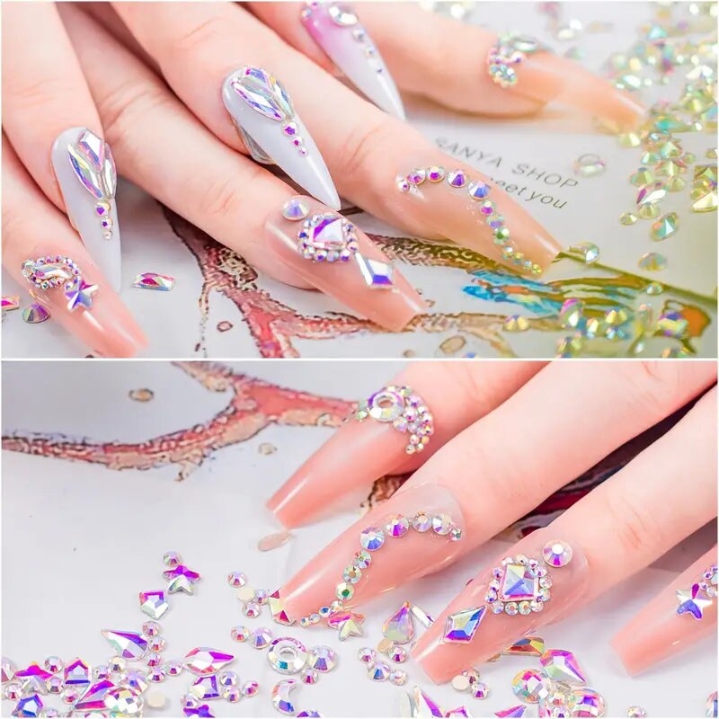 Nail Art Rhinestones Kit | 8400 Pcs Multi Shapes Glass Crystal AB Nail Stones | Nail Jewels Flatback Nail Gems Rhinestones | Packaged