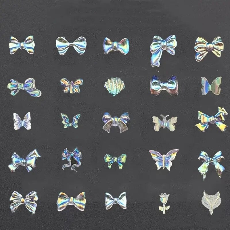 50 Pcs 3D Cute Bow Nail Art Charm Rhinestones Bow-knot Nail Charm Aurora Glitter Nail Art Design Manicure Accessories Supplies