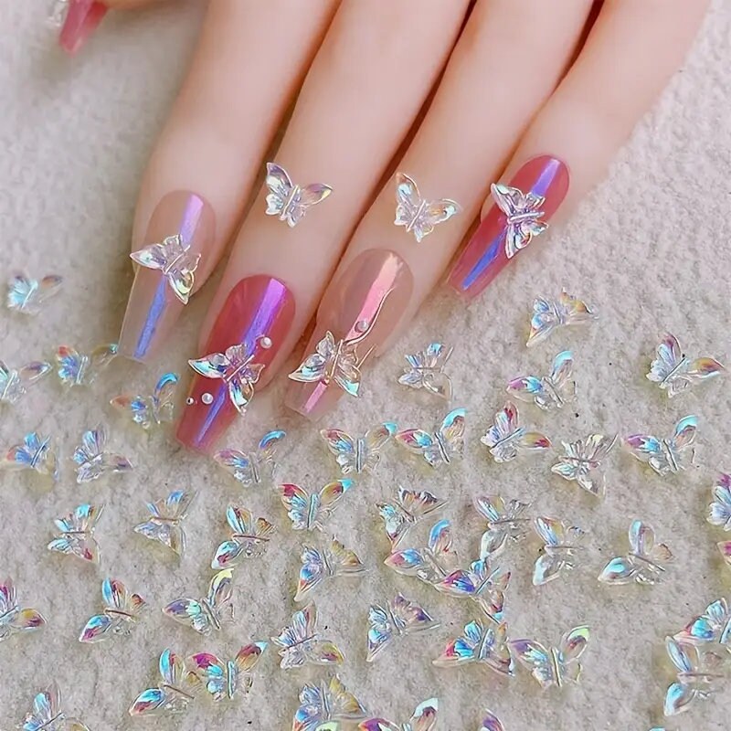 50 Pcs 3D Cute Bow Nail Art Charm Rhinestones Bow-knot Nail Charm Aurora Glitter Nail Art Design Manicure Accessories Supplies