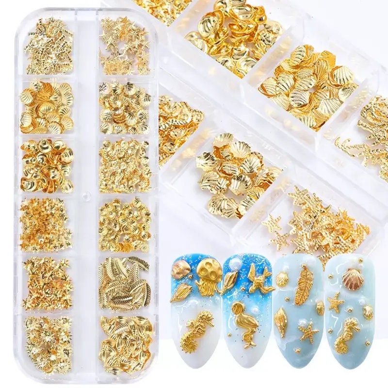 12 Grids Nail Stickers | Mixed Golden Seashell 3D Nail Art Accessories | Nail Art Sequins Glitter Nail Art Decals