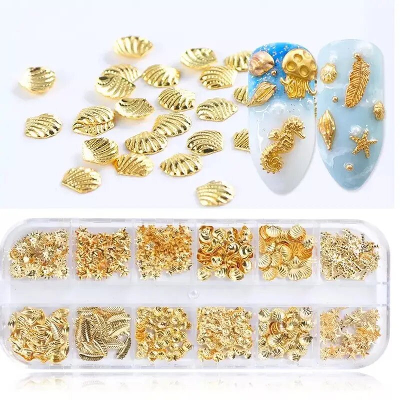 12 Grids Nail Stickers | Mixed Golden Seashell 3D Nail Art Accessories | Nail Art Sequins Glitter Nail Art Decals