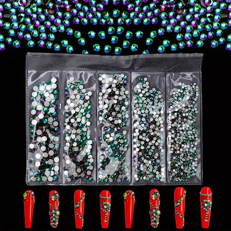 St.Patrick's Day Crystal Rhinestones Green Flame 2080 Pcs Nail Art Rhinestones Round Beads Flatback Glass For Nail Crafts Makeup Decorations