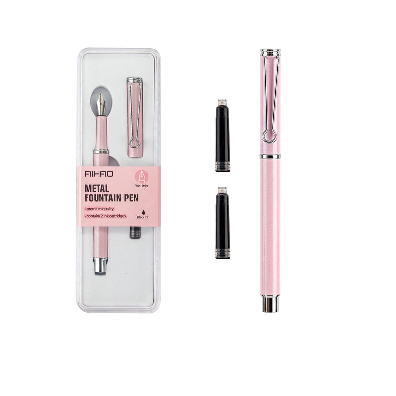 AIHAO Refillable Fountain Pen | Fine Point | Metal Fountain Pen with Gift Box | Black Ink | 2 Ink Cartridges in one Set | Pearl Pink
