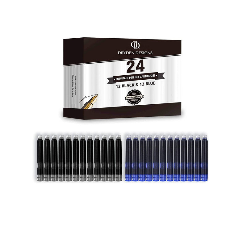 Dryden Designs Fountain Pen | Medium Nib | Includes 24 Ink Cartridges (12 Black 12 Blue) and Ink Refill Converter