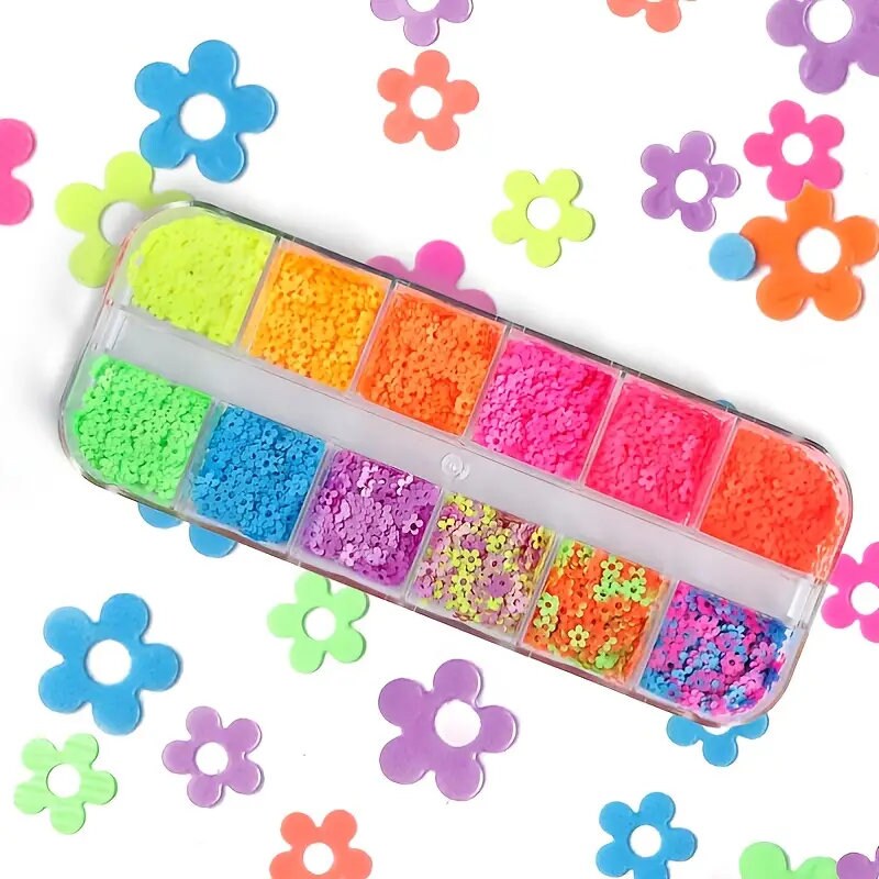 12 Grids Fluorescence Flower Nail Glitter Sequins Nail Art Manicure Shiny 3D Neon Flakes Design French Charms DIY Accessories Decor