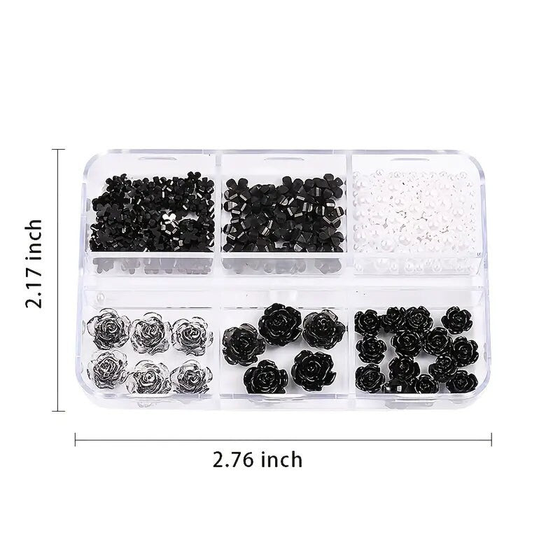 6 Grids Black Rose 3D Nail Art Decorations Resin Acrylic Engraved Flowers Design Mixed Round Pearls Beads Charm Nail Parts DIY Jewelry