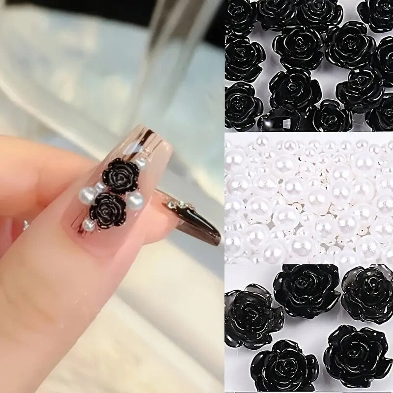 24 Pieces 3D Nail Charms Gold Luxury Black Rhinestones Nail Charms
