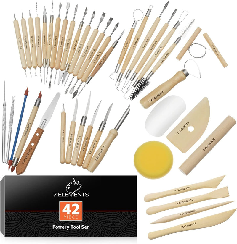 7 Elements 42-Piece Pottery | Clay and Sculpting Tool Set | Complete Kit for Modeling, Carving, and Ceramics