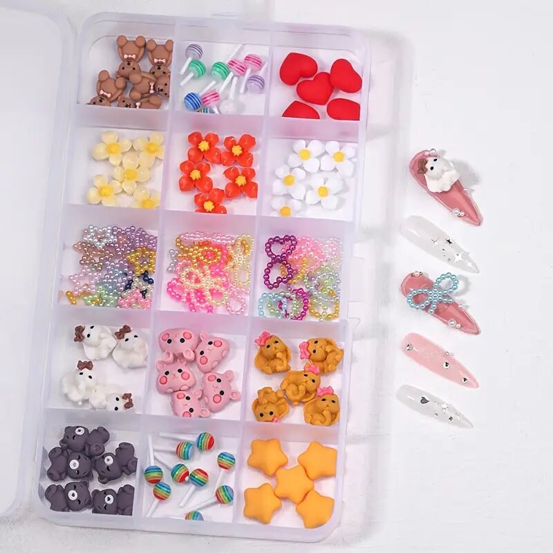 15 Grids Mix Cartoon Nail Charms Various Cartoon Puppy Flower Heart Bowknot Nail Art Rhinestones Decorations Manicures Charms