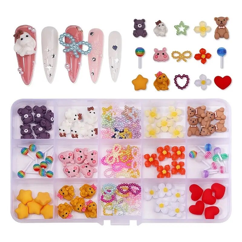 15 Grids Mix Cartoon Nail Charms Various Cartoon Puppy Flower Heart Bowknot Nail Art Rhinestones Decorations Manicures Charms