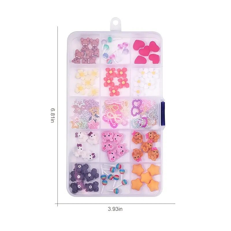 15 Grids Mix Cartoon Nail Charms Various Cartoon Puppy Flower Heart Bowknot Nail Art Rhinestones Decorations Manicures Charms