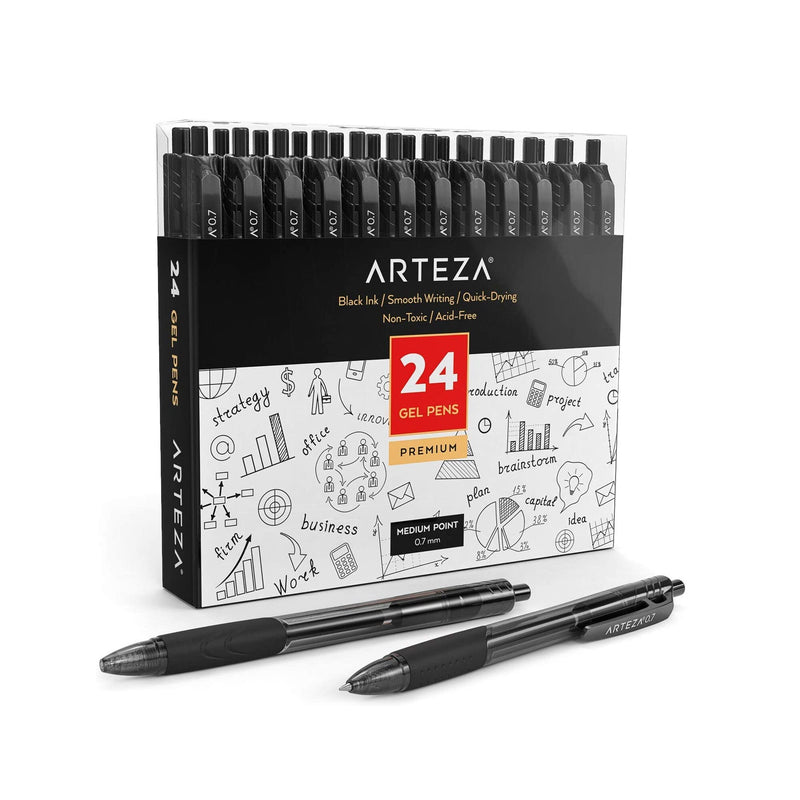 artists arteza white gel pen set Gel Pens Set of 24 Black Roller Ball Bullet Journal Pens Quick-Drying  Ink Medium Point