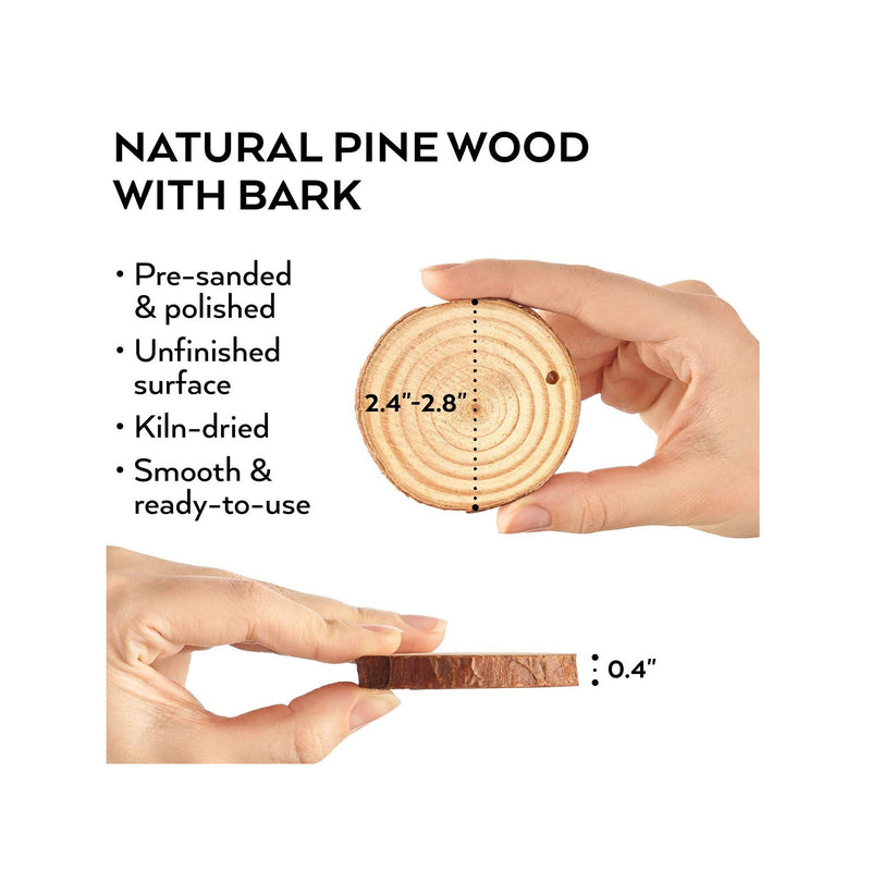 Wood Slices | 45 Pieces | With Bark Natural Unfinished Pine 2.4"-2.8" Diameter Smooth Sanded Surface | Includes 50' of Natural Jute Twine