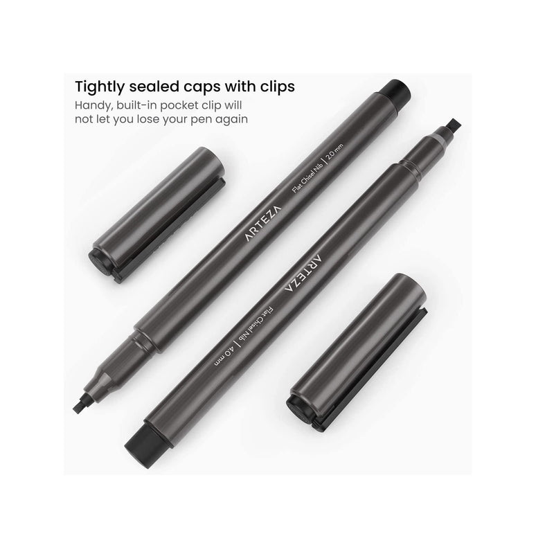 Calligraphy Markers | Set of 6 | Water-Resistant Black Ink | Flat Chisel-Tip Marker Pens | 2mm and 4mm Nibs