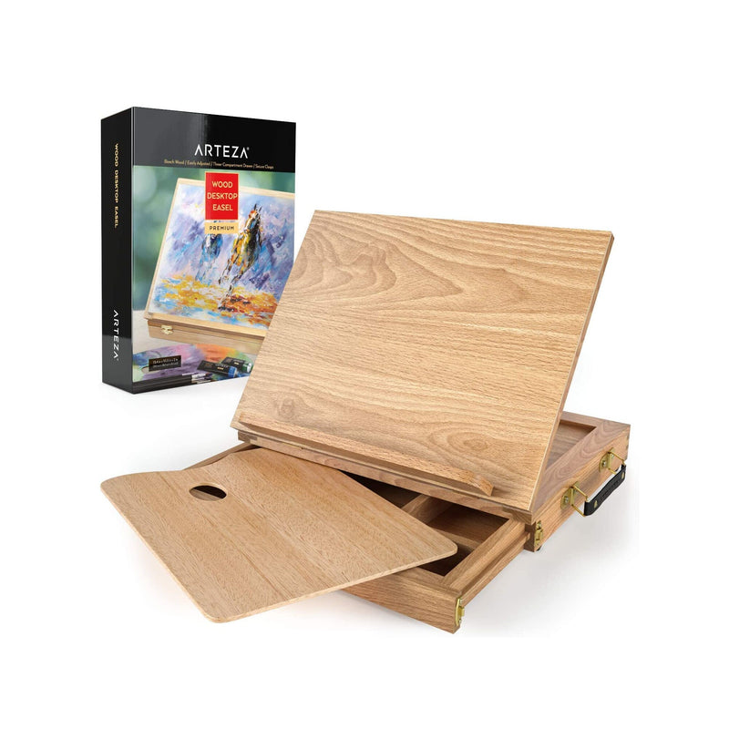 Tabletop Easel | 13.4 x 10.3 x 2 Inches | Portable Beechwood Easel Box with 3-Compartment Drawer and Wooden Palette