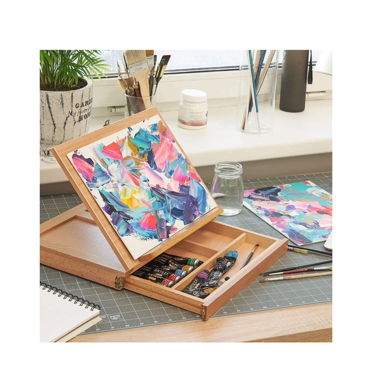 Tabletop Easel | 13.4 x 10.3 x 2 Inches | Portable Beechwood Easel Box with 3-Compartment Drawer and Wooden Palette